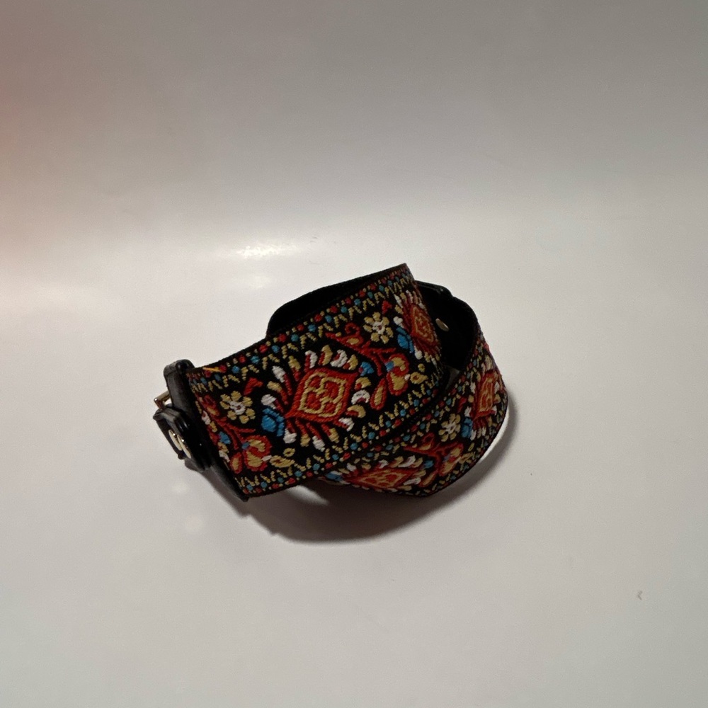 Embroidered Floral Wide Fabric Bracelet - Black with Red & Blue Accents